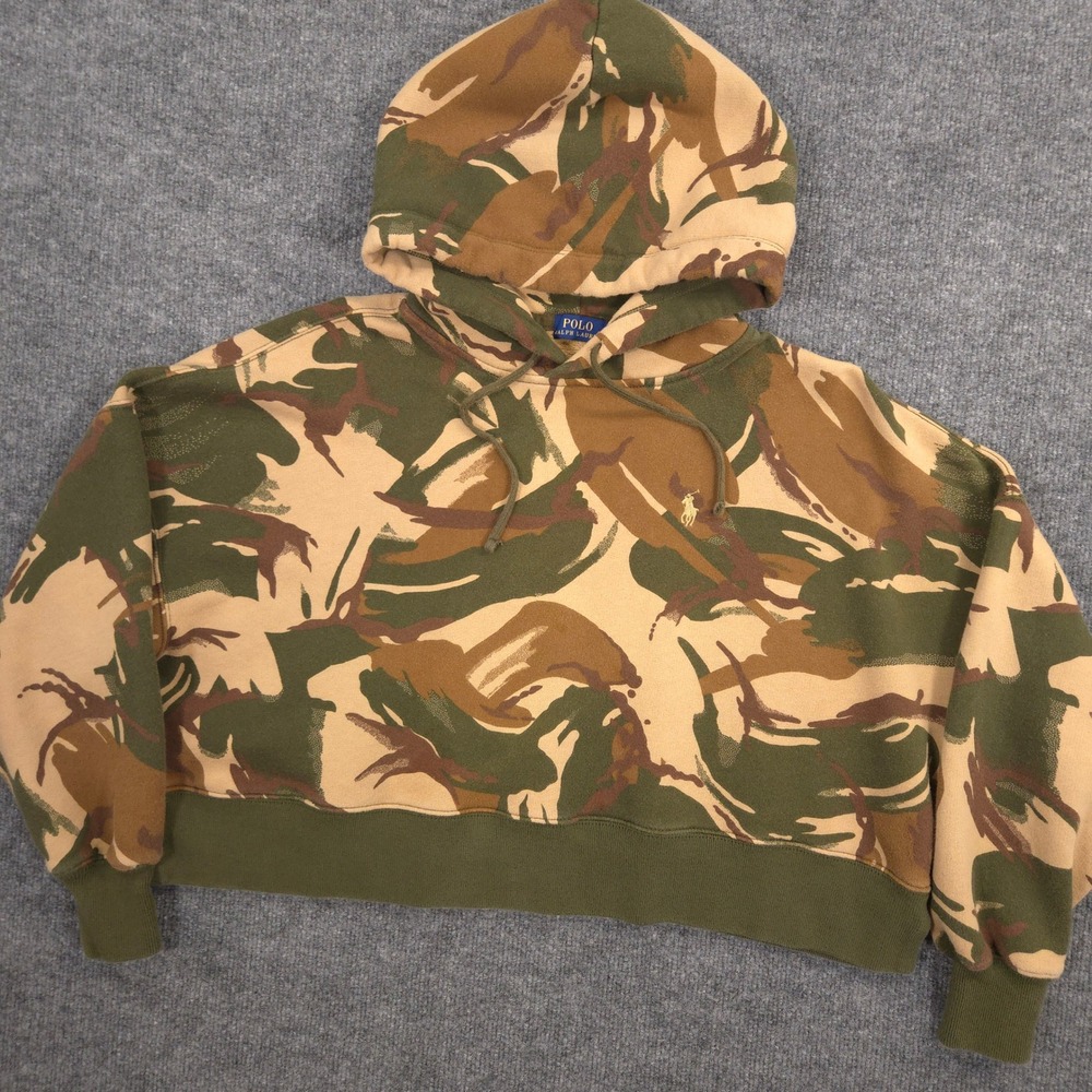 Polo‎ Ralph Lauren Hoodie Womens XS Green Camo Pony Cropped Relaxed Fit Pullover